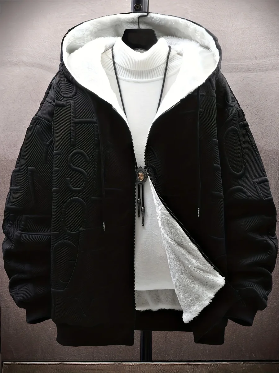 Veste à capuche doublée polaire Homme Noir motif texturé zippée