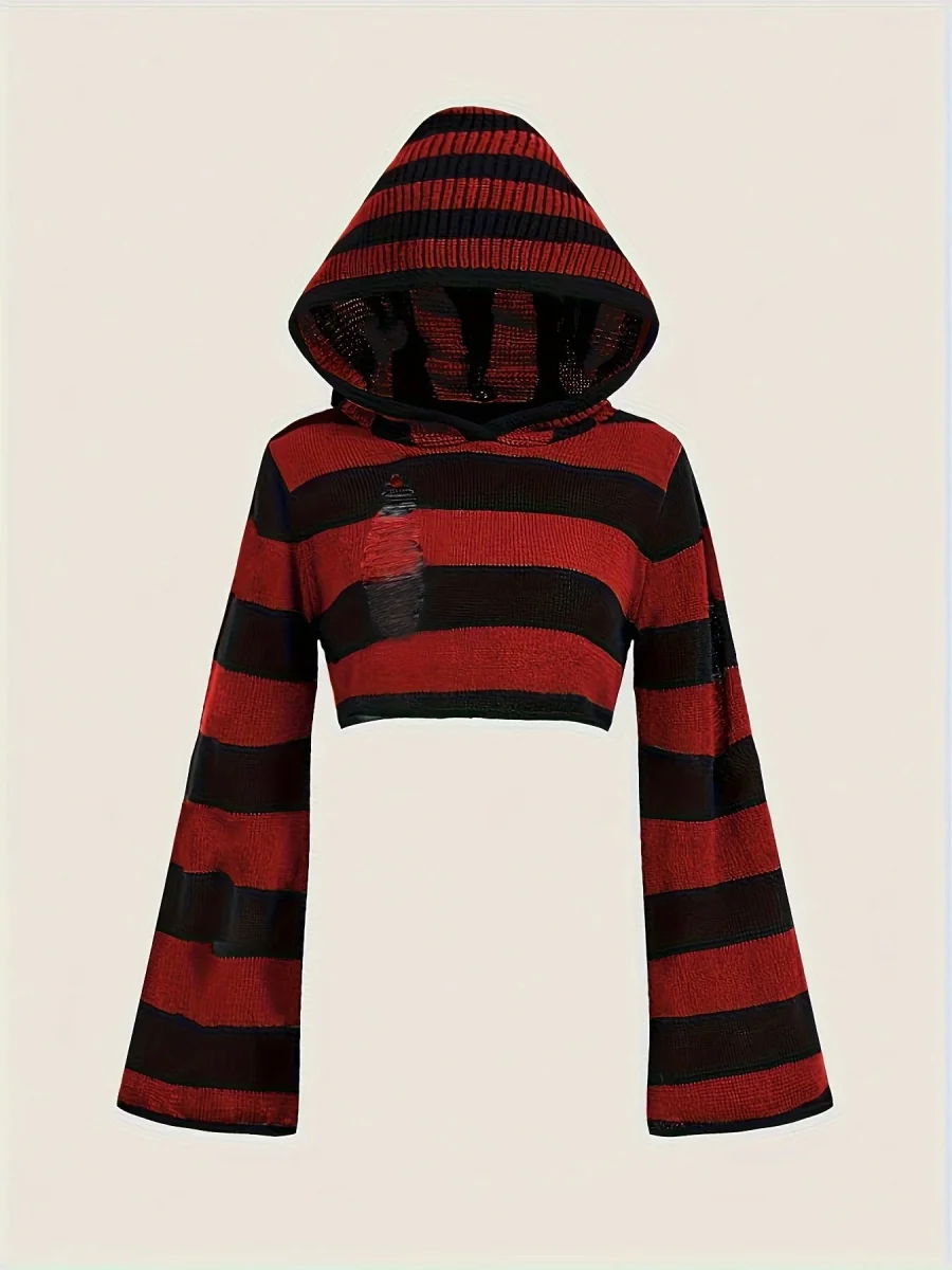 Haut court à capuche rayé noir et gris manches évasées - Imagen 3