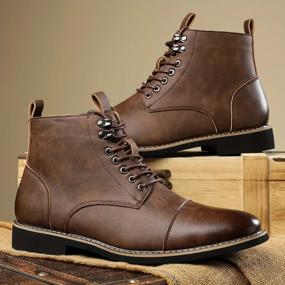 Bottes montantes homme marron lacets style décontracté chic - Imagen 9