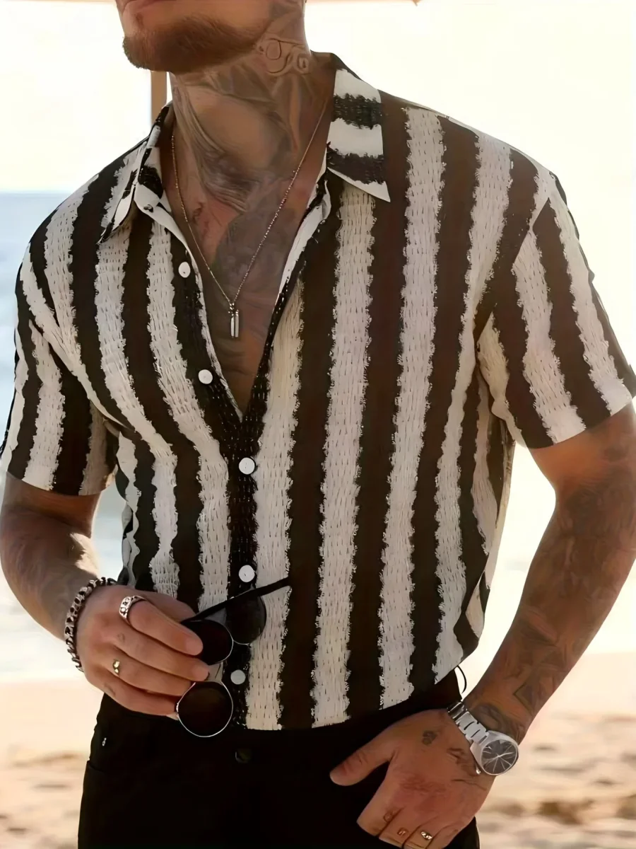 Chemise Resort Homme à Manches Courtes Style Moderne – Rayures Verticales, Look Urbain Décontracté - Imagen 5