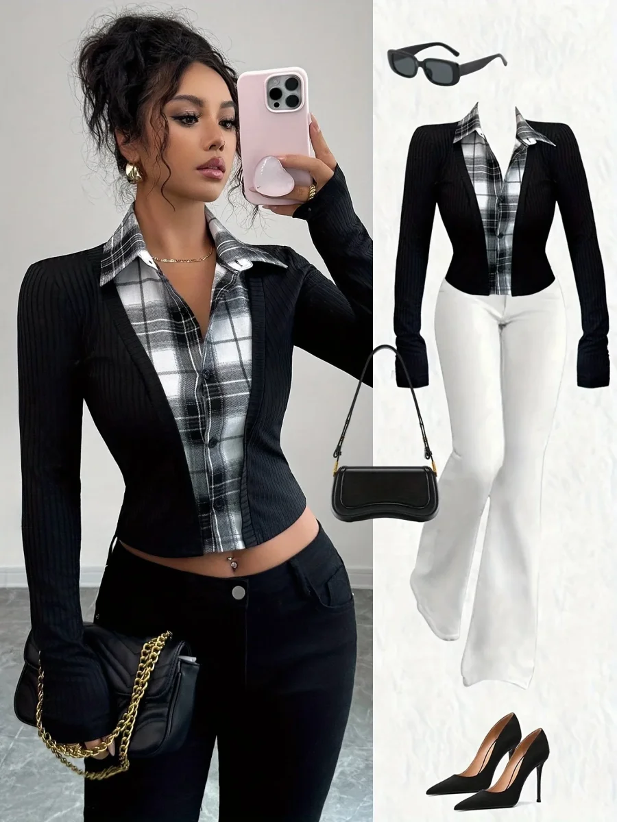 Haut femme effet superposé côtelé et carreaux noir et blanc - Imagen 6