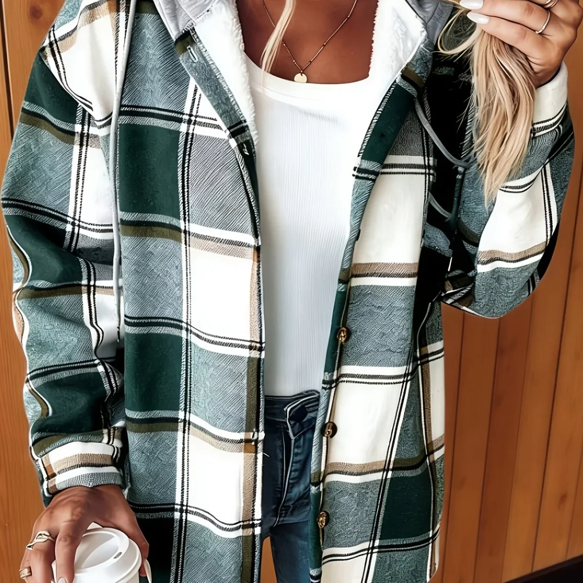 Surchemise Carreaux Femme Capuche Veste Chemise Verte Blanche - Imagen 6