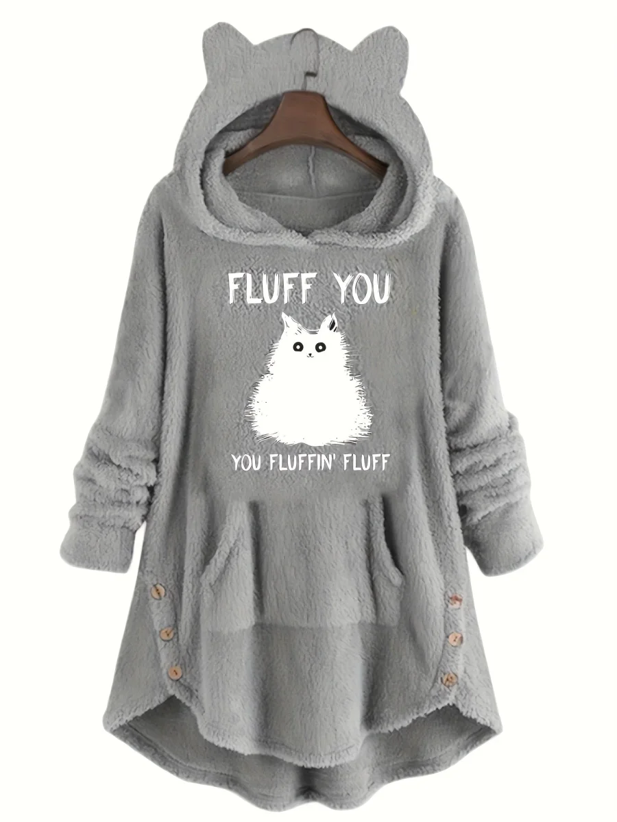 Pull à Capuche Teddy Femme Motif Chat "Fluff You" Rouge Bordeaux avec Oreilles - Imagen 3