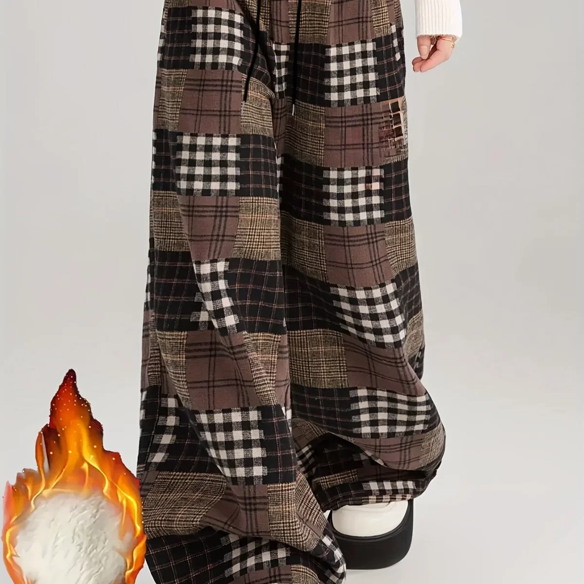 Pantalon large à carreaux style patchwork marron doublé doux - Imagen 7