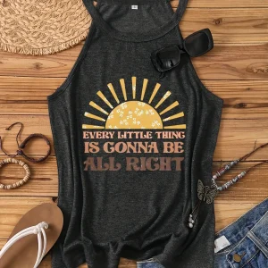 Débardeur Femme Style Bohème Casual - Motif Soleil et Message Positif - Idéal Été et Vacances