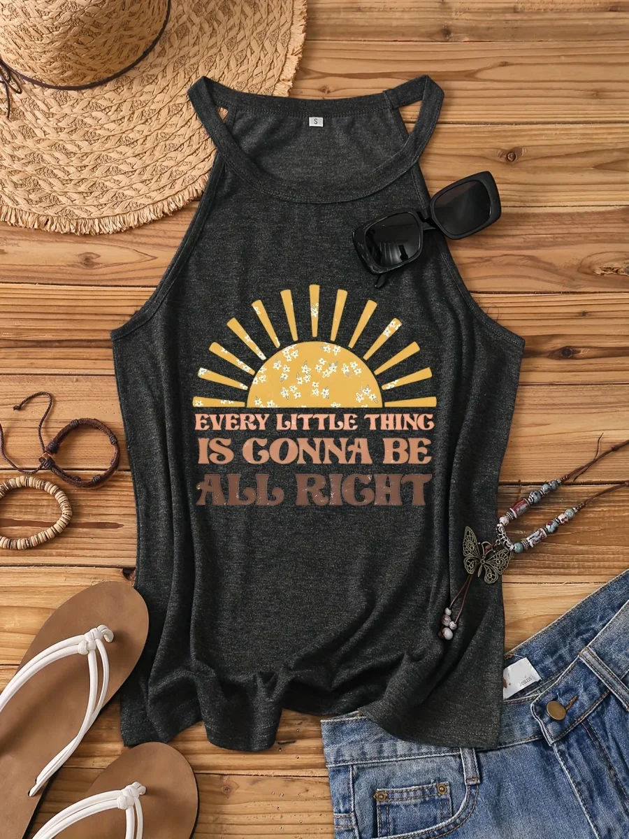 Débardeur Femme Style Bohème Casual - Motif Soleil et Message Positif - Idéal Été et Vacances - Imagen 2