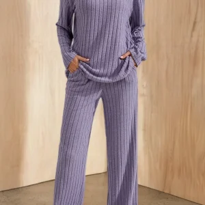 Ensemble détente côtelé Femme col V, pantalon large et haut manches longues
