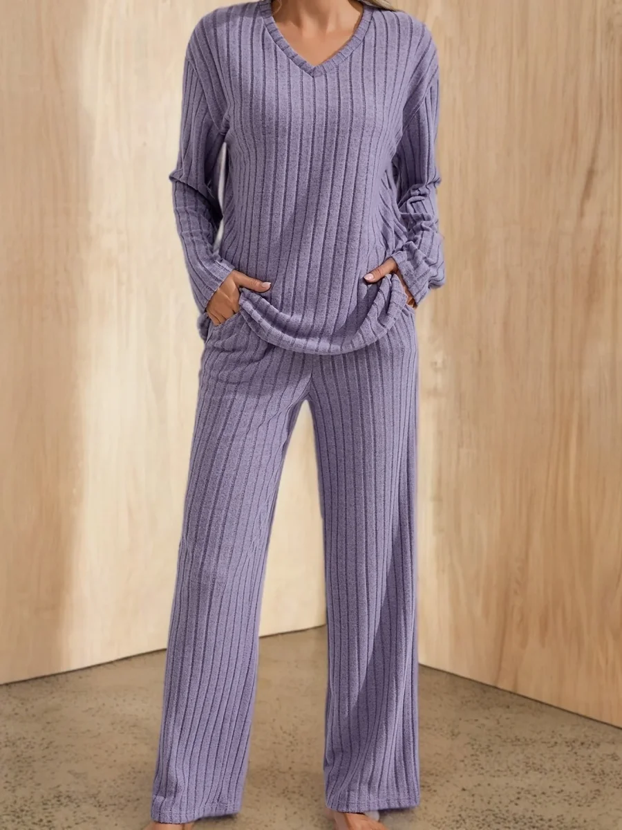 Ensemble détente côtelé Femme col V, pantalon large et haut manches longues - Imagen 2
