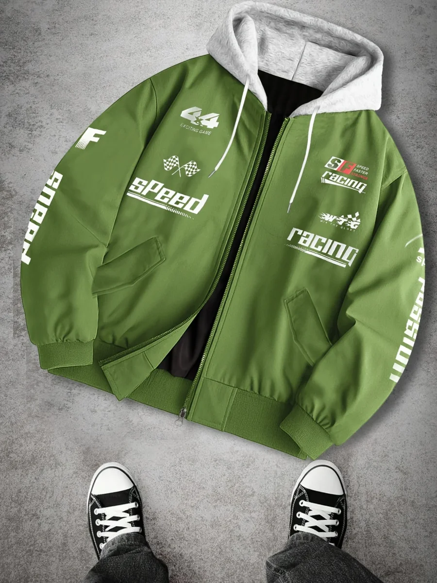 Blouson Bomber Homme Capuche Amovible Zippé avec Imprimés Racing Vert Clair - Imagen 6