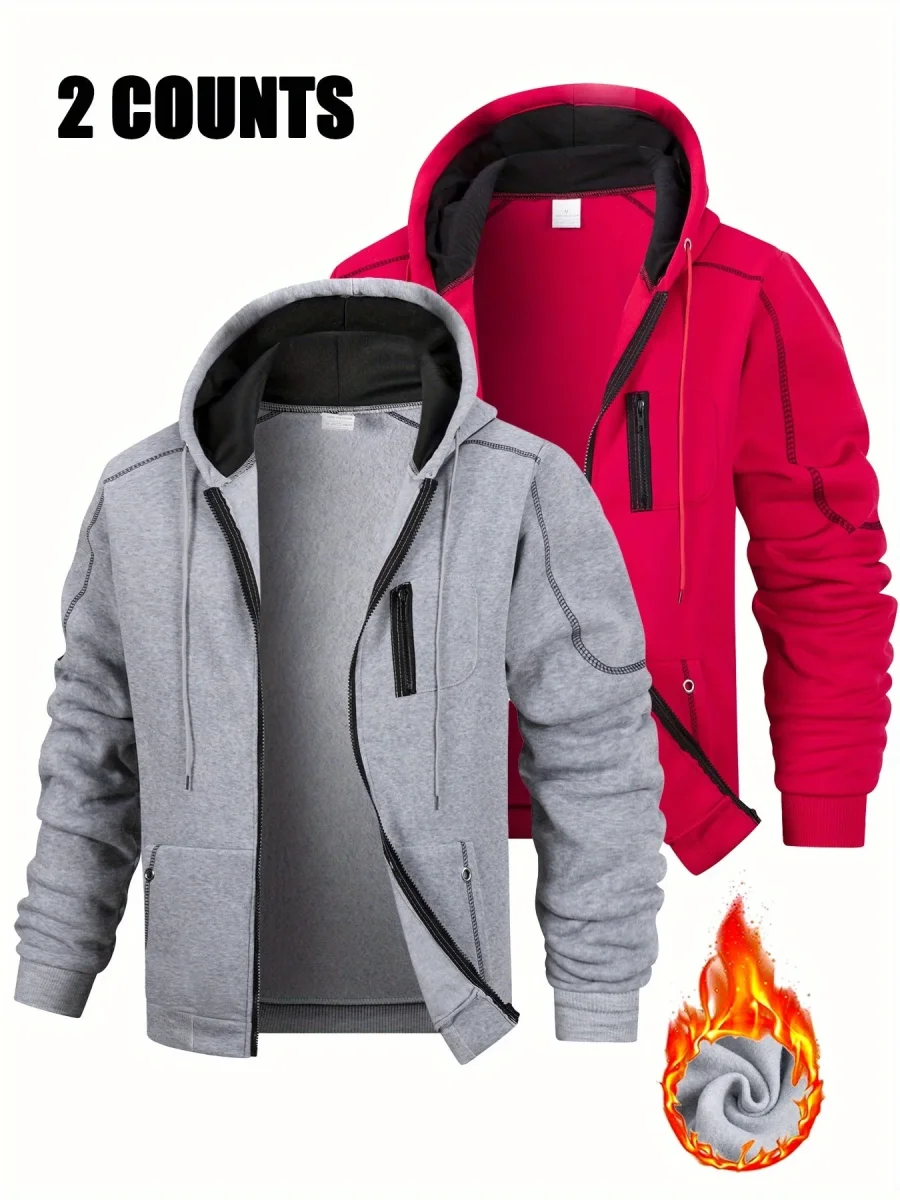 Lot de 2 Hoodies Homme Zippés Bicolores Chauds avec Capuche et Poches - Imagen 4