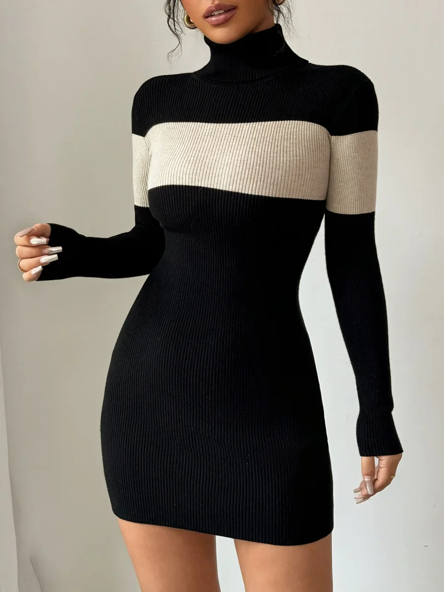 Robe pull moulante côtelée à col roulé femme bicolore noir et écru - Imagen 7