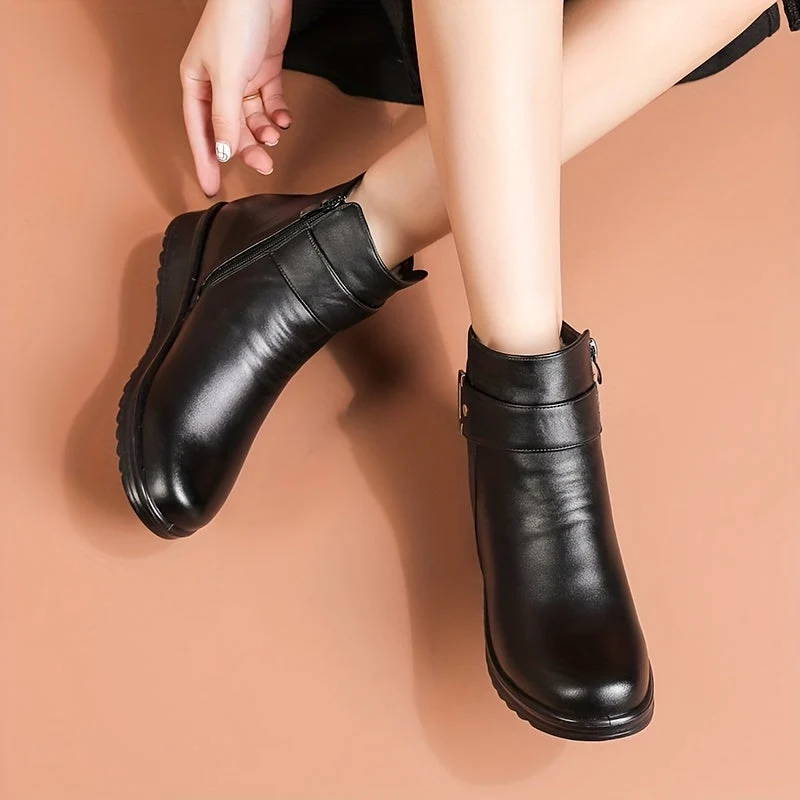 Bottines Femme doublées Chaudes Marron avec Sangle et Boucle Dorée - Imagen 9
