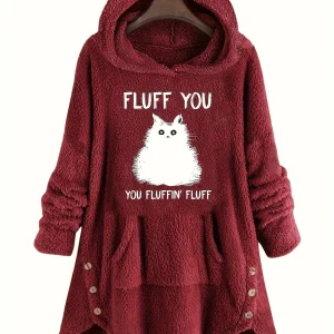 Pull à Capuche Teddy Femme Motif Chat "Fluff You" Rouge Bordeaux avec Oreilles