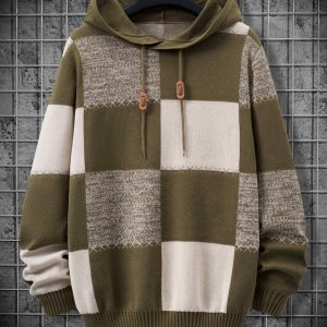 Sweat à Capuche Homme Motif Carreaux Bicolore Maille Décontracté