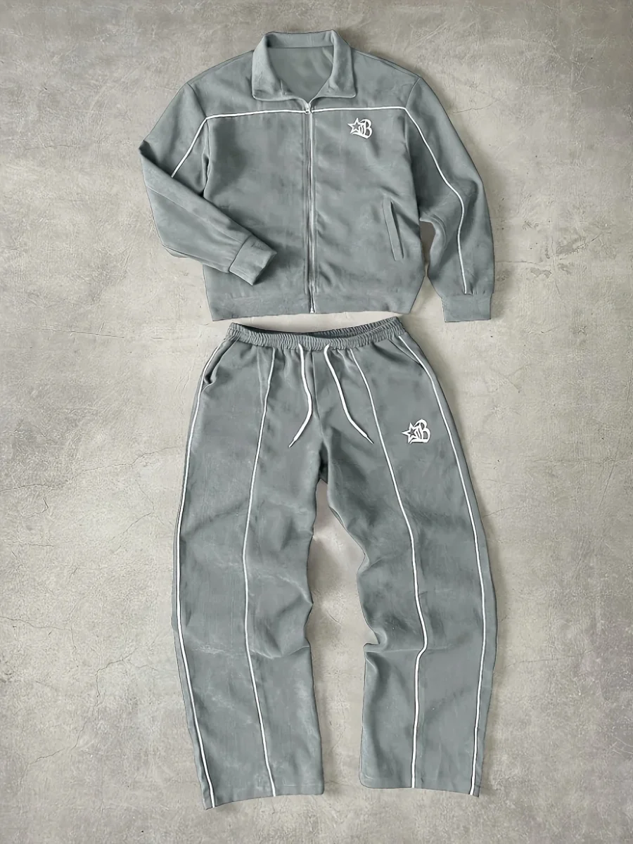Ensemble de Survetement Homme Zip Complet à Rayures Contrastantes et Emblème Brodé - Imagen 3