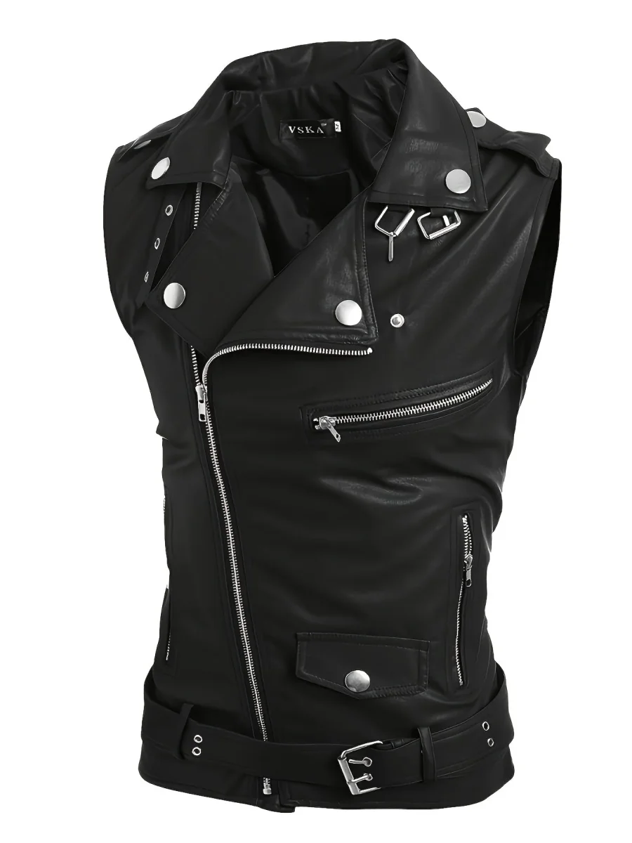 Gilet de style motard en similicuir sans manches avec fermeture éclair asymétrique - Imagen 2