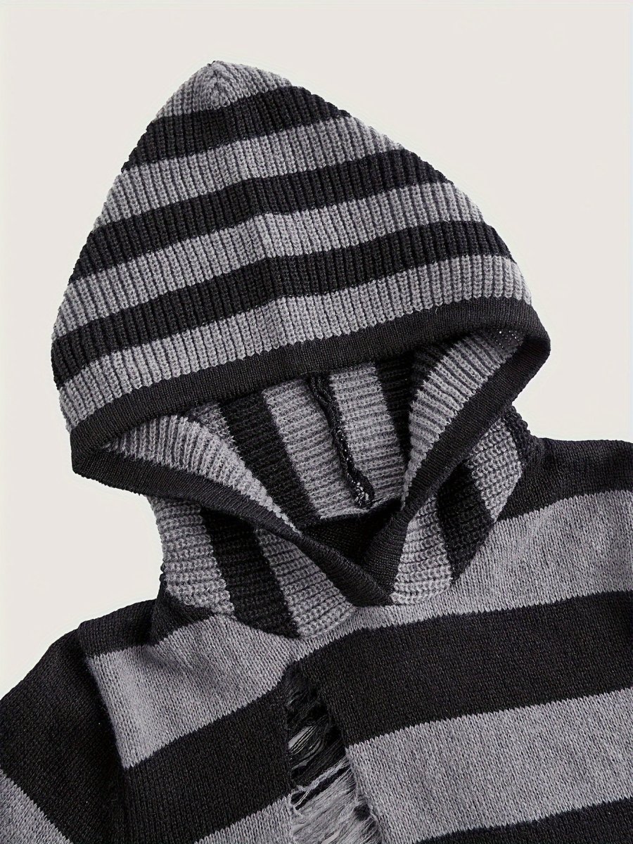 Haut court à capuche rayé noir et gris manches évasées - Imagen 7