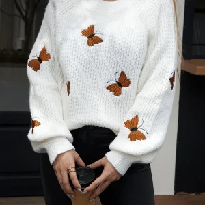 Pull femme tricoté papillons brodés manches longues - Blanc ou Noir