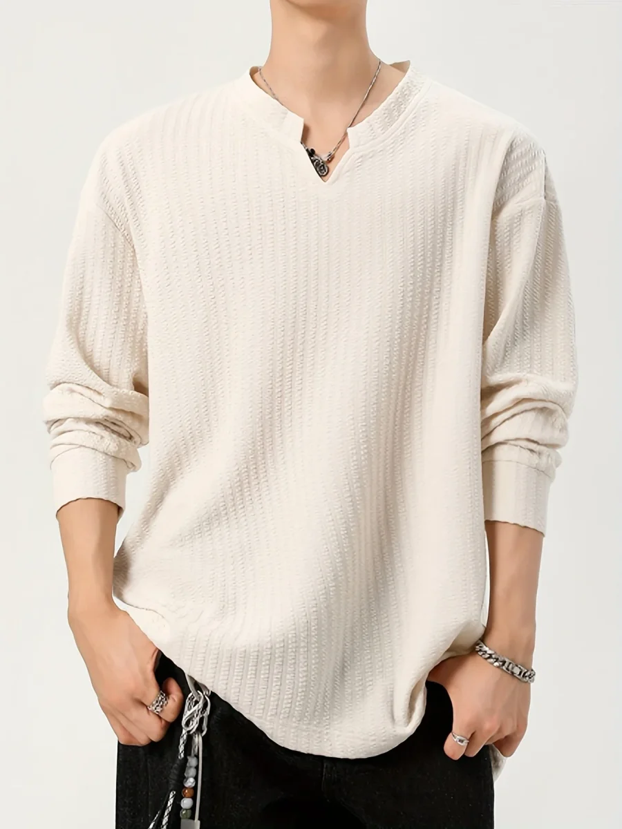 T-shirt Homme Manches Longues Texture Texturée Col V Doux Couleur Unie - Imagen 2