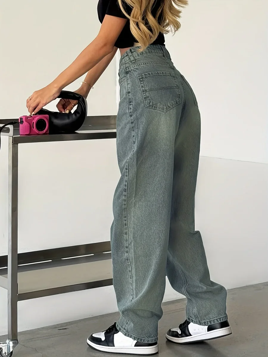 Jean large délavé taille haute Femme bleu ou gris coupe droite - Imagen 2