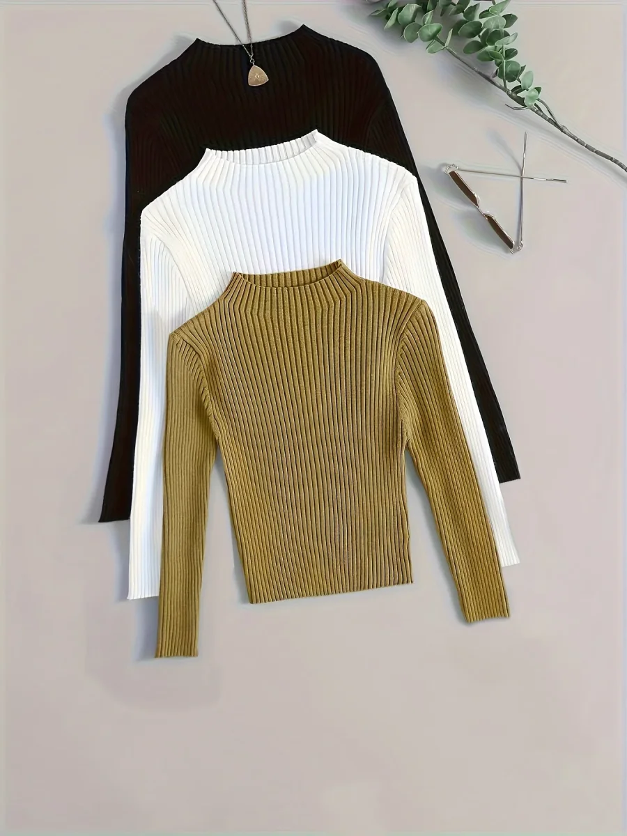 Pull côtelé à col montant pour femme, manches longues - Imagen 3