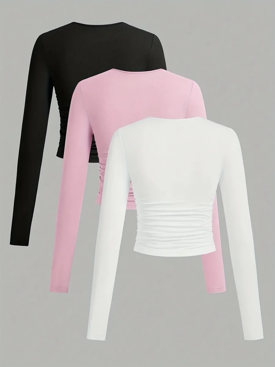 Lot de 3 Crop Tops Femme Manches Longues Col Rond Froncé - Imagen 8