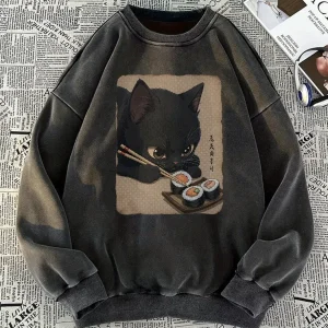 Sweatshirt unisexe gris charbon délavé avec motif chat mangeant des sushis