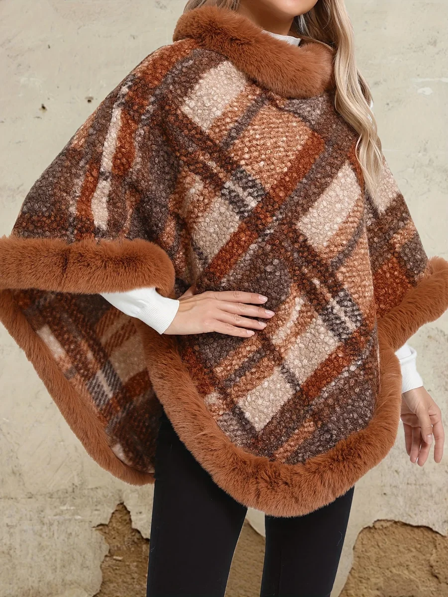 Poncho Femme Chaud Motifs Géométriques et Bordures Imitation Fourrure - Imagen 4