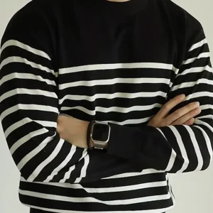 Pull Homme Col Rond Rayé Noir et Blanc Manches Longues