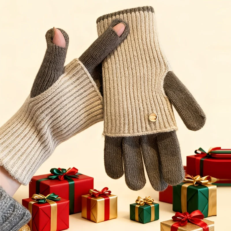 Gants tricotés bicolores convertibles avec mitaines rabattables pour femme - Imagen 2