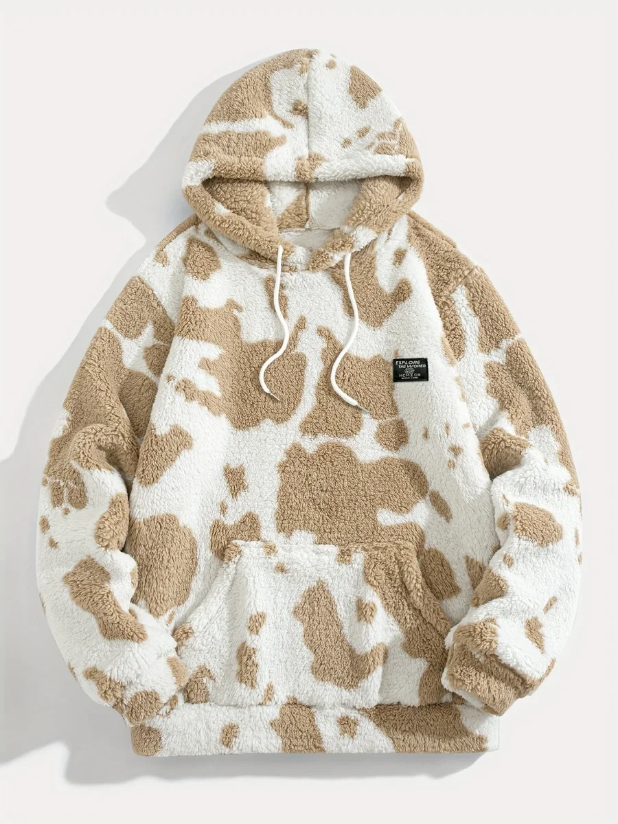 Sweat à capuche Sherpa motif peau de vache bicolore avec poche kangourou