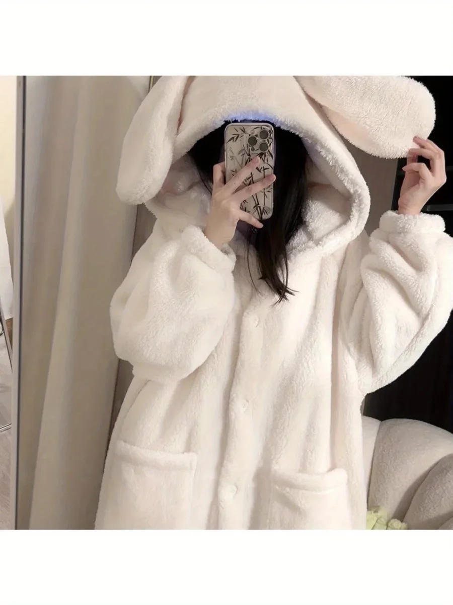 Robe de chambre longue Femme à capuche Oreilles de lapin Blanc cassé Doux Polaire - Imagen 3