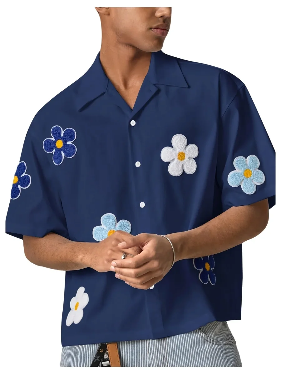 Chemise homme décontractée à manches courtes style camp avec appliqués floraux pour look estival tendance - Imagen 5