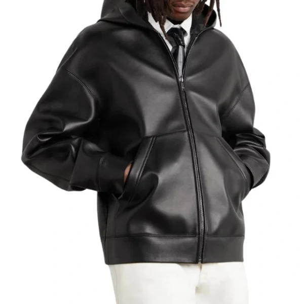 Chaqueta con capucha de cuero genuino negro para hombre de Valentino - Imagen 4