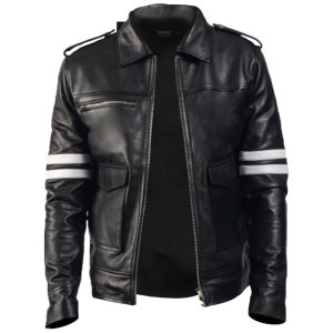 Chaqueta de motorista de piel de oveja a rayas para hombre, negra