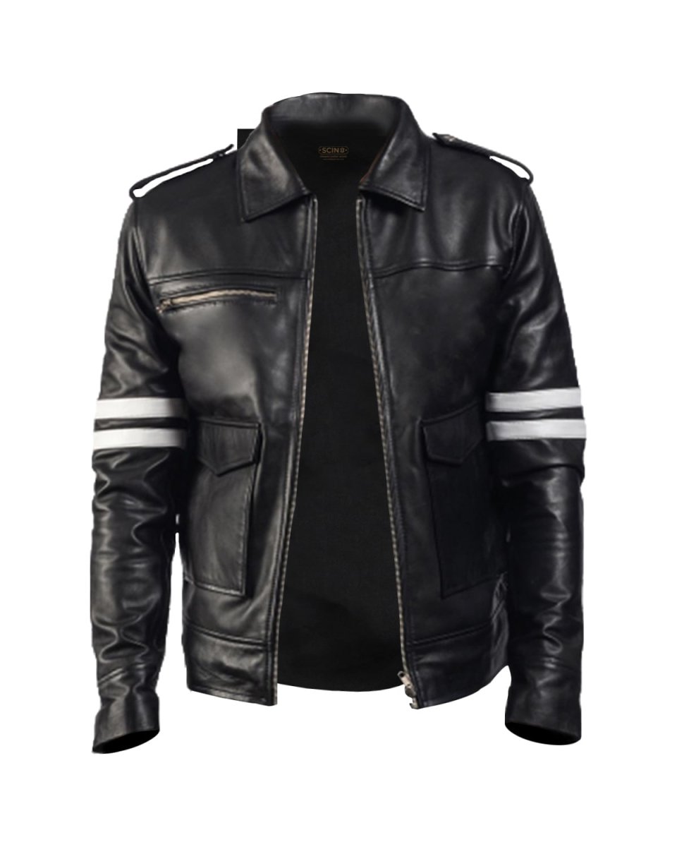 Chaqueta de motorista de piel de oveja a rayas para hombre, negra