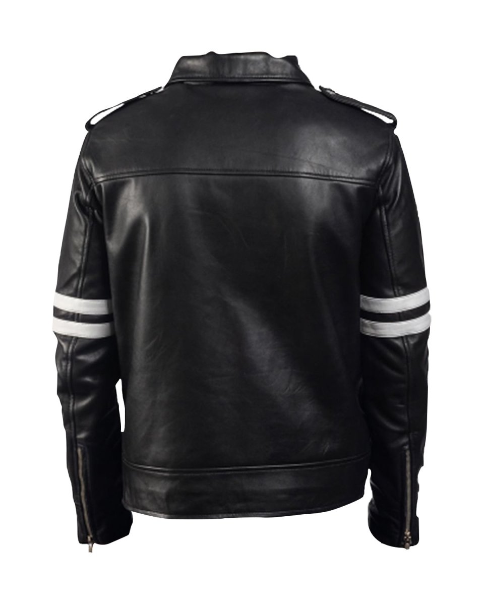 Chaqueta de motorista de piel de oveja a rayas para hombre, negra - Imagen 5