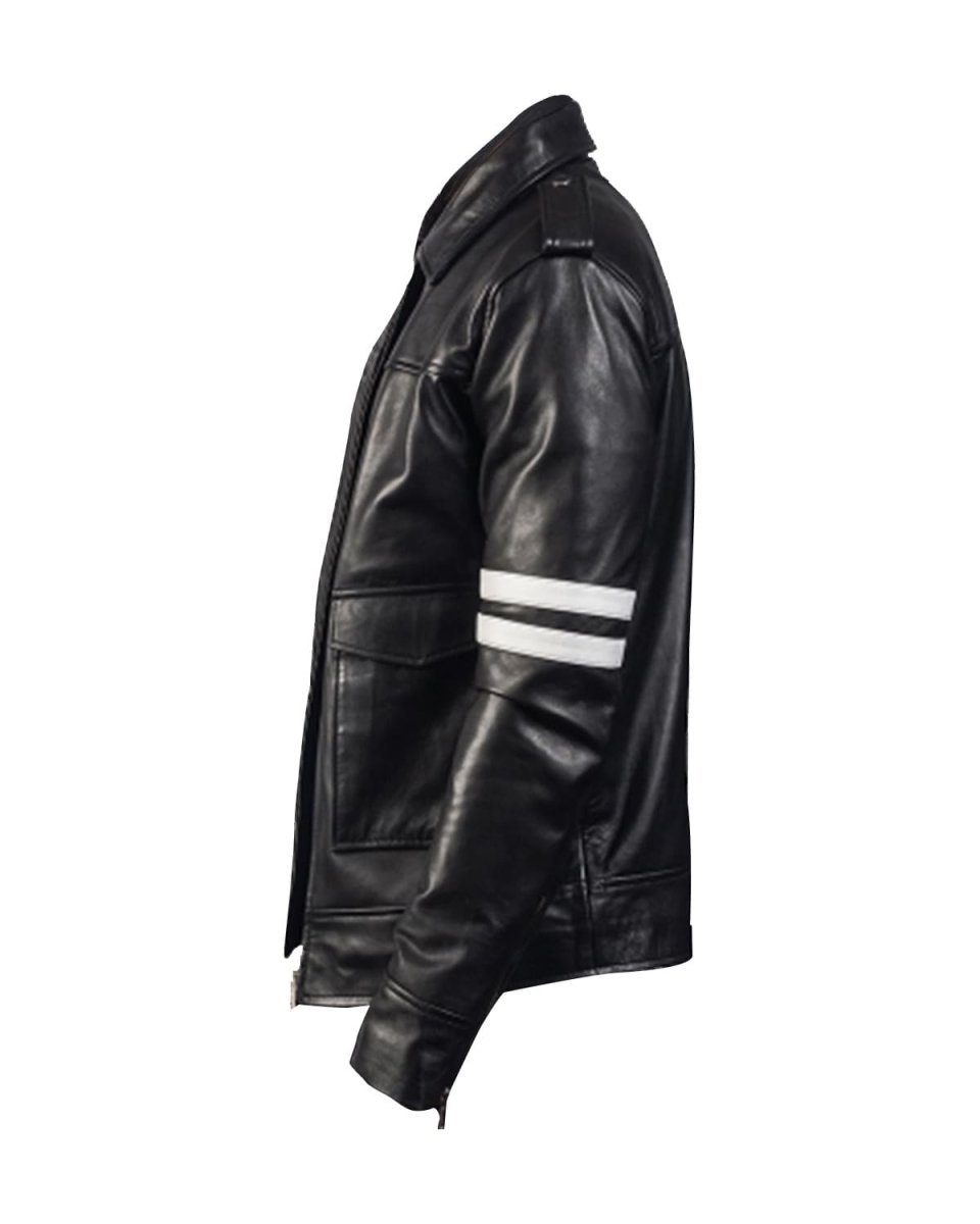 Chaqueta de motorista de piel de oveja a rayas para hombre, negra - Imagen 4