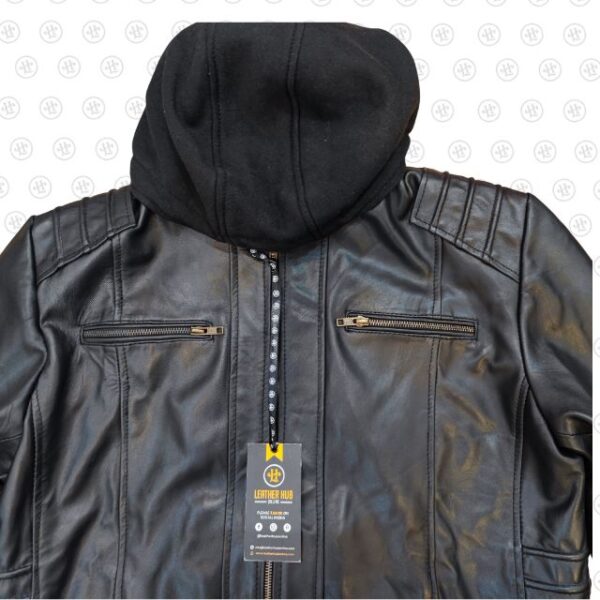 Chaqueta de motorista de cuero auténtico negro de diseñador con capucha. - Imagen 3