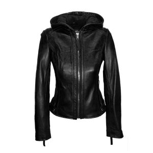 Chaqueta de motorista clásica de piel auténtica para mujer con capucha.