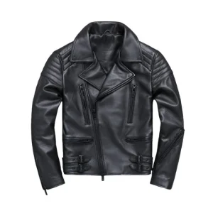 Chaqueta de motorista de cuero auténtico negro de corte ajustado para hombre.