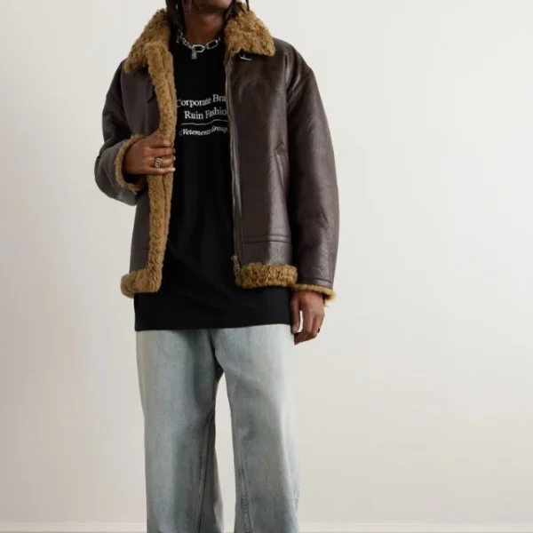 Chaqueta de hombre de piel auténtica Sherpa marrón - Imagen 5