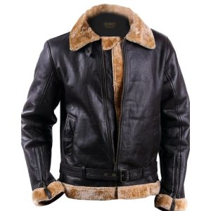 Chaqueta de aviador para hombre en piel auténtica negra con ribete de pelo color caramelo.