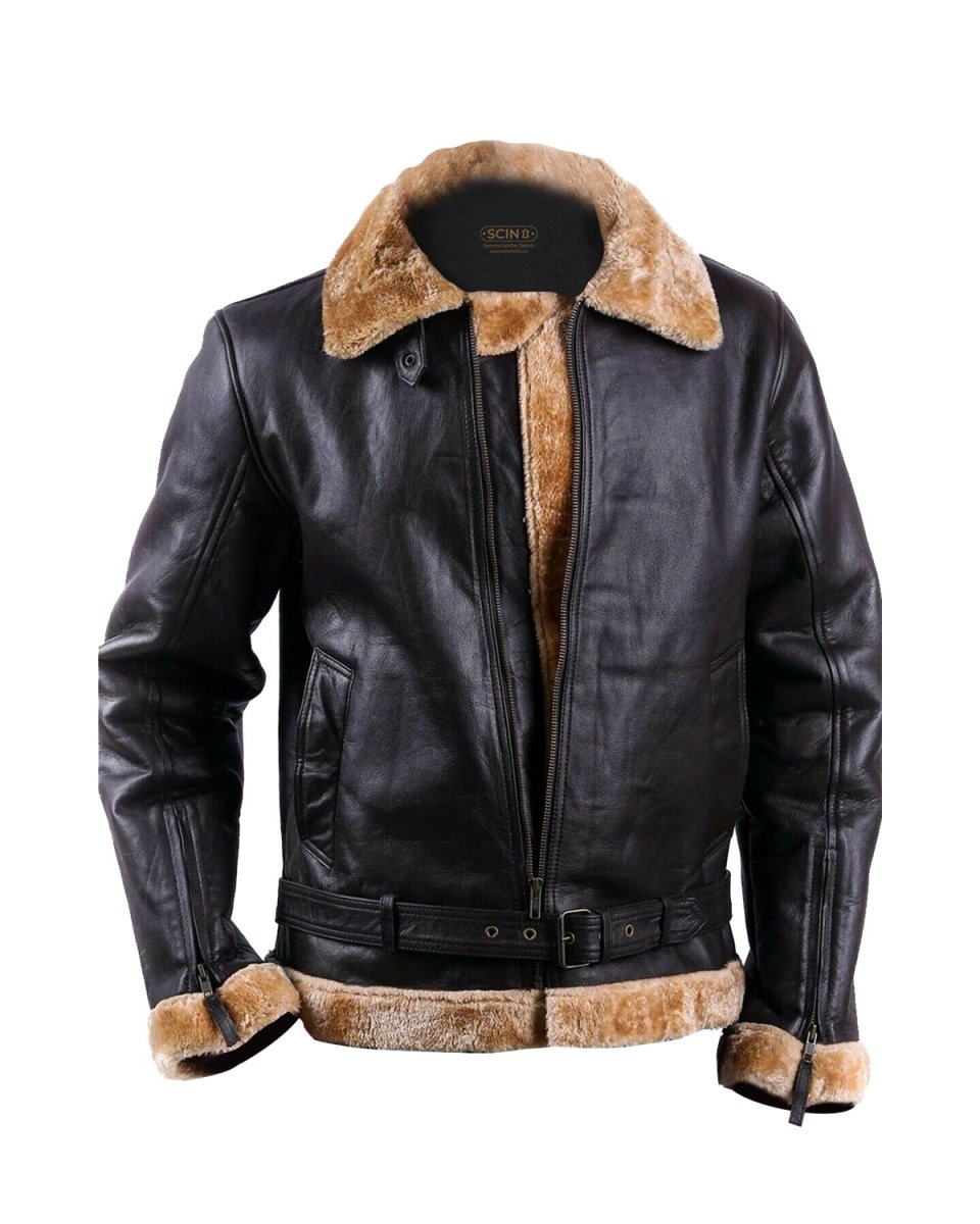 Chaqueta de aviador para hombre en piel auténtica negra con ribete de pelo color caramelo. - Imagen 2