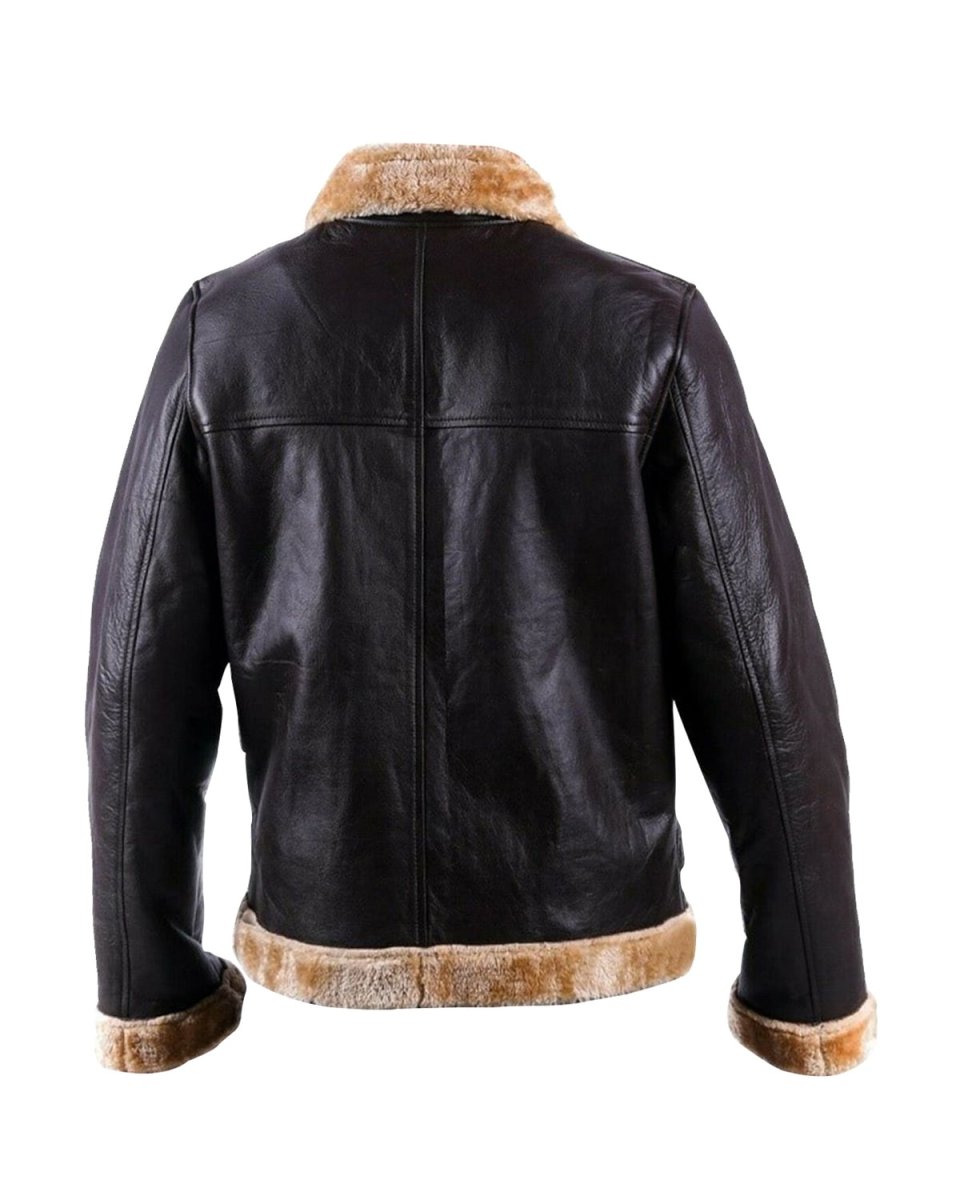 Chaqueta de aviador para hombre en piel auténtica negra con ribete de pelo color caramelo. - Imagen 4