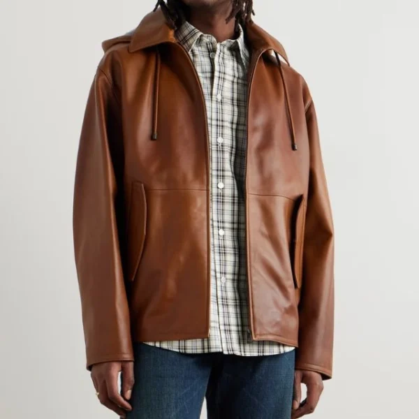 Sudadera con capucha de piel de oveja encerada marrón con cordón ajustable. - Imagen 5