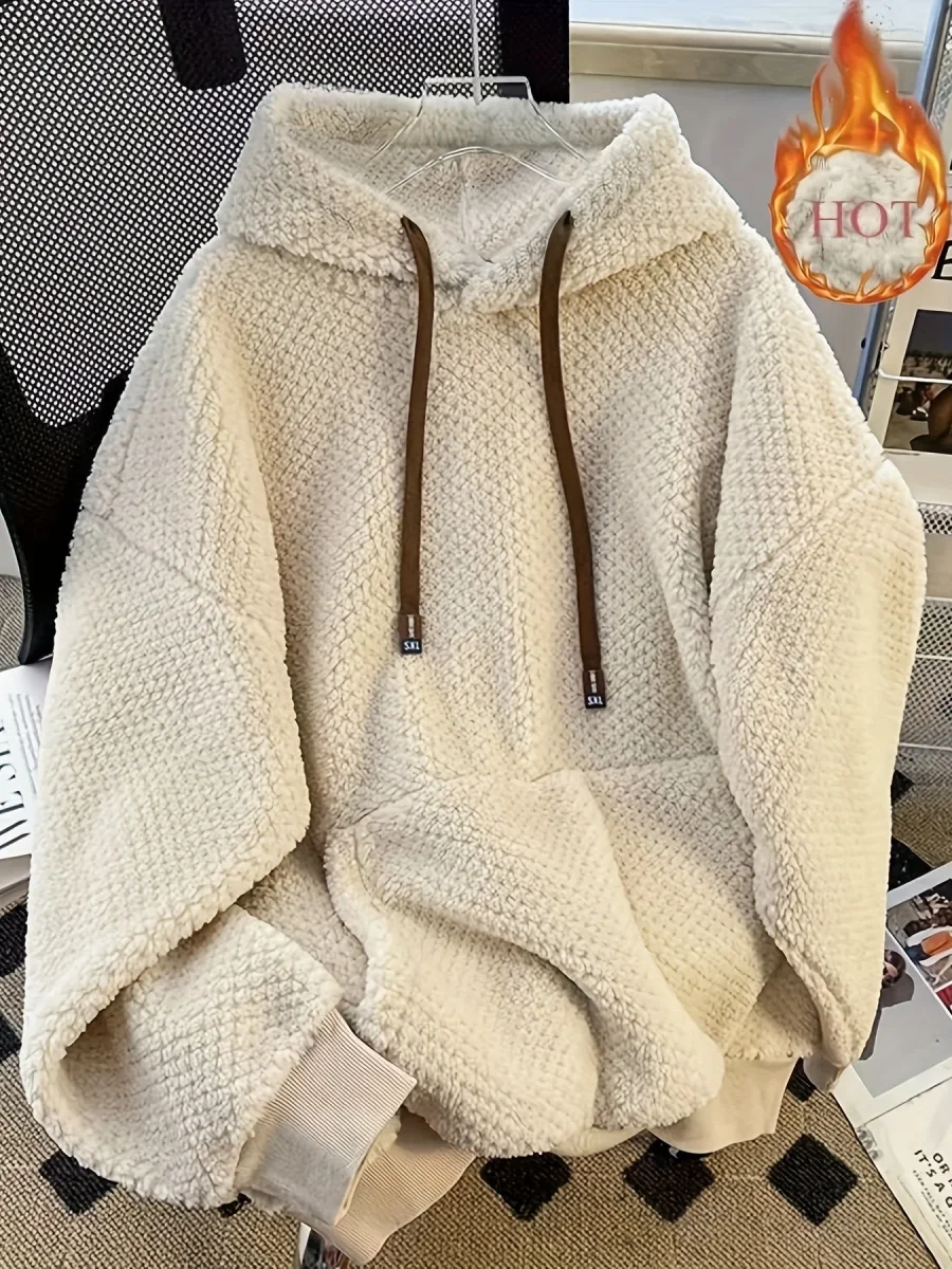 Sweat à Capuche Doux Effet Peluche Vert Militaire avec Cordon Contrastant - Imagen 6