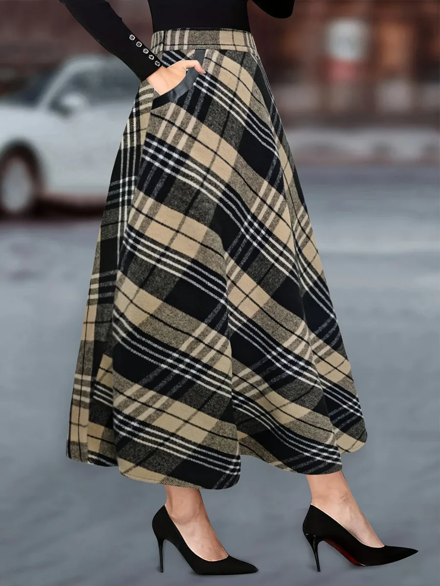 Jupe longue évasée à carreaux style écossais noir et blanc pour femme - Imagen 3