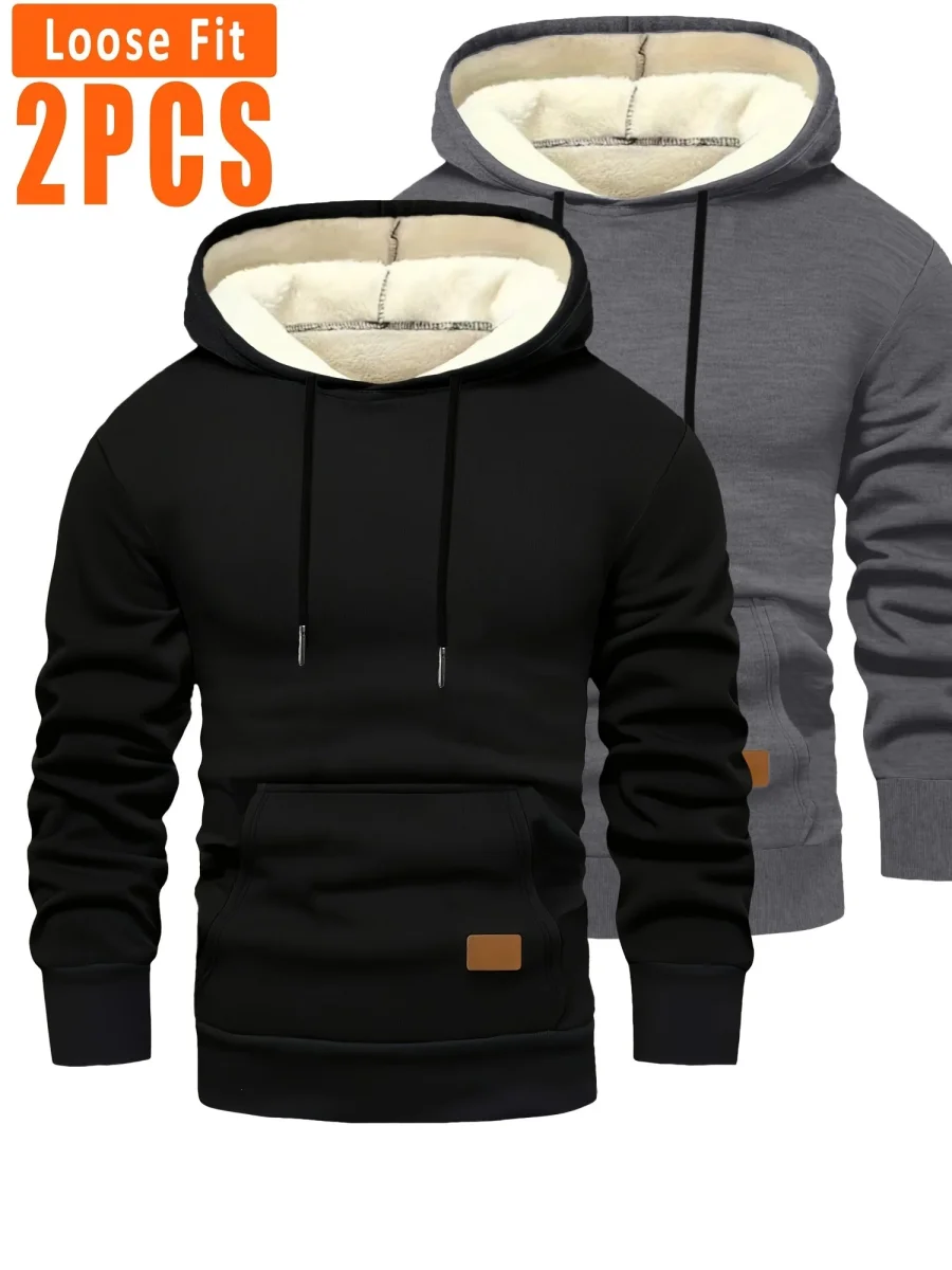 Lot de 2 Hoodies Homme Doublés Polaire Ajustement Ample avec Capuche et Poche Kangourou - Imagen 2