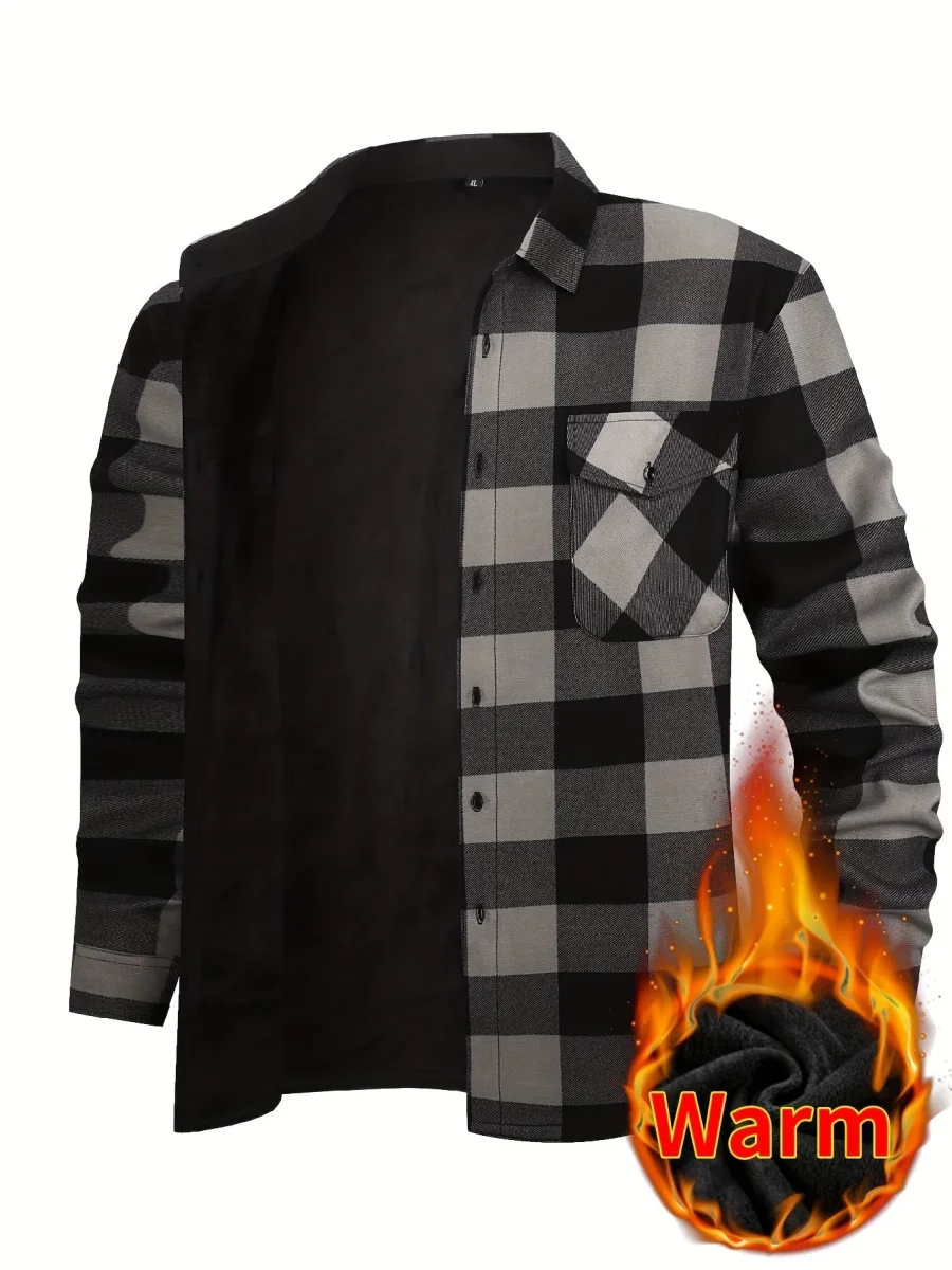 Men's Fleece-Lined Plaid Button-Up Shirt Jacket - Imagen 3